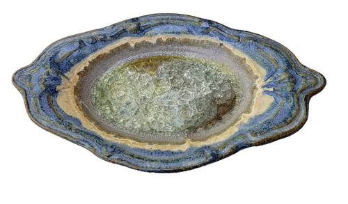 Trinket/saponetto vetro screpolato Art Pottery vetro gocciolato centro made in USA blu
