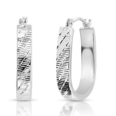 14K Real Solid White Gold Diamond-Cut U-Shape Oval Hoop Earrings 20mm