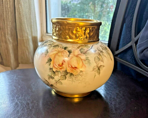 Vintage Porcelain Vase Jean Pouyat Limoges France Pink / Yellow Roses signed AMH - Picture 1 of 12