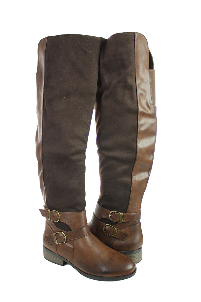 Qupid Womens 2 Buckle Mixed Media Riding Boot Brown 9 eBay