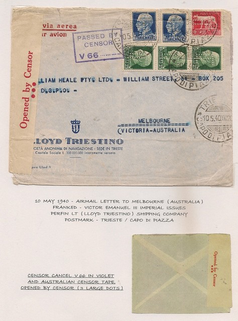 Italy 1940 Perfin Censor Cover to Australia Italy 1940 Perfin Censor Cover to Australia