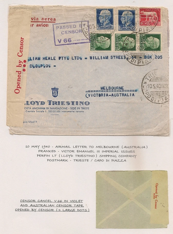 Italy 1940 Perfin WWII Censor Cover to Australia - Image 2 of 4