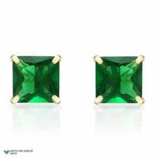 14K Yellow Gold 2Ct Princess May Emerald Birthstone Stud Earrings