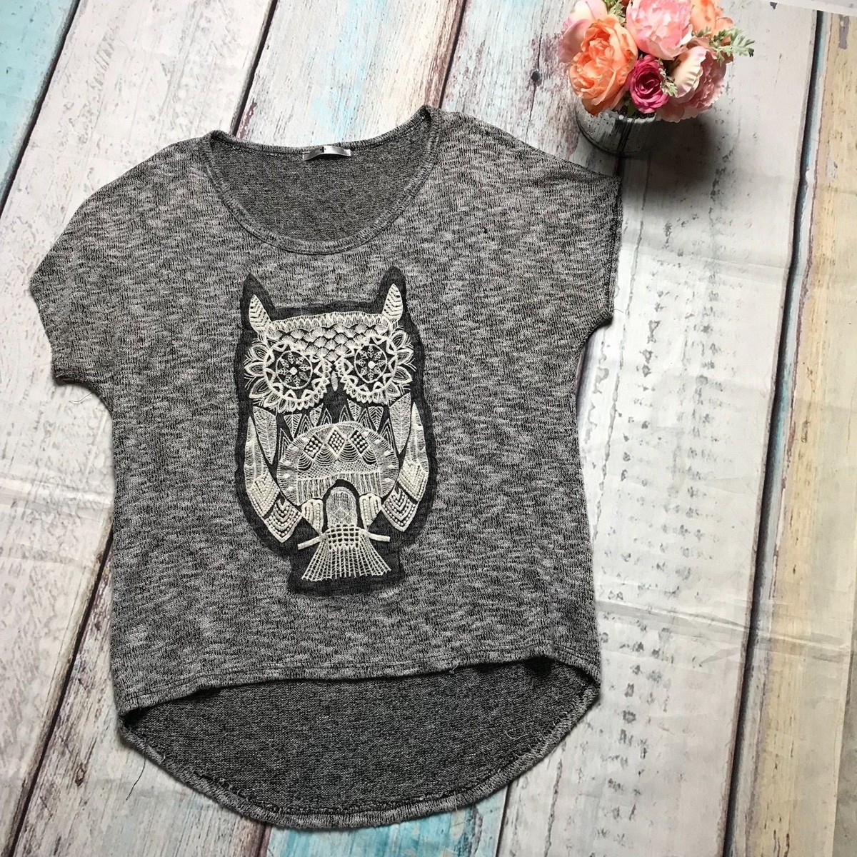 Blu Planet Jrs XLARGE Owl Embroidered Black Gray White Top | eBay