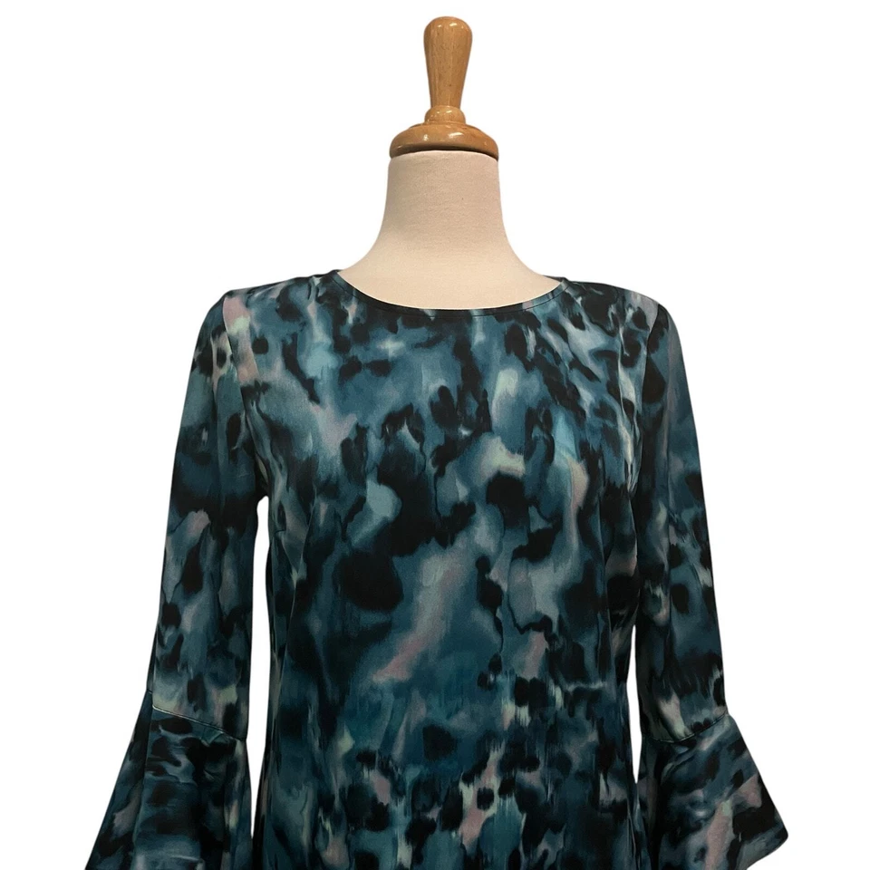 Vestido Bar lll tamanho pequeno azul aquarela bainha manga esvoaçante mini boêmio artístico - Imagem 2 de 4