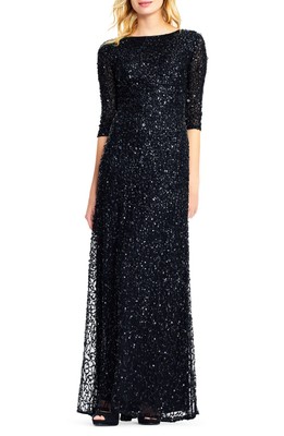 scoop back sequin gown with three quarter sleeves