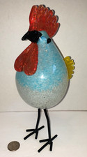 Murano Style Hand-Blown Glass Blue Chicken Rooster Figurine Metal Feet Farmhouse