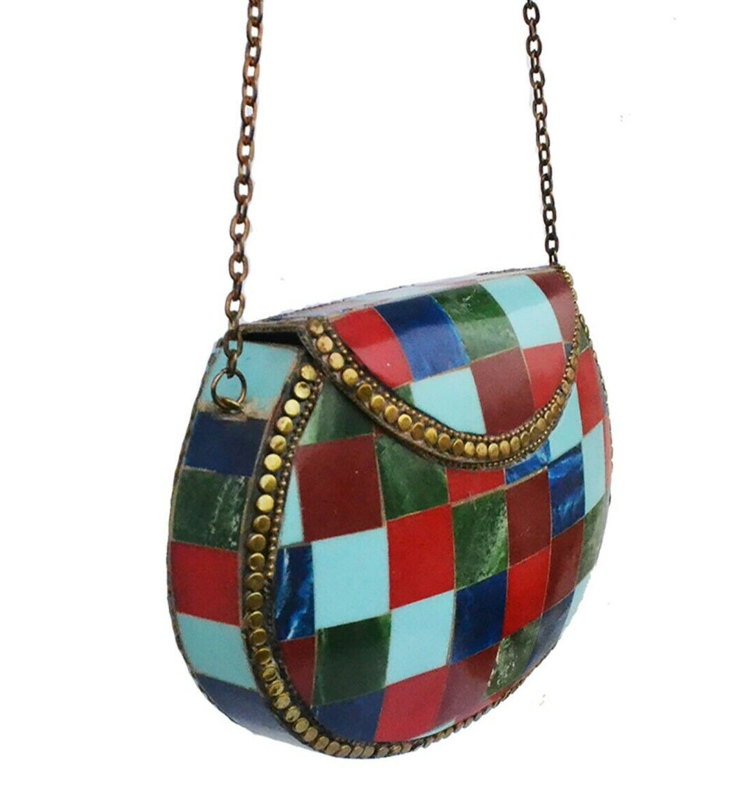 Bolsos de mano hechos a mano multicolores de metal con mosaico de piedra de...