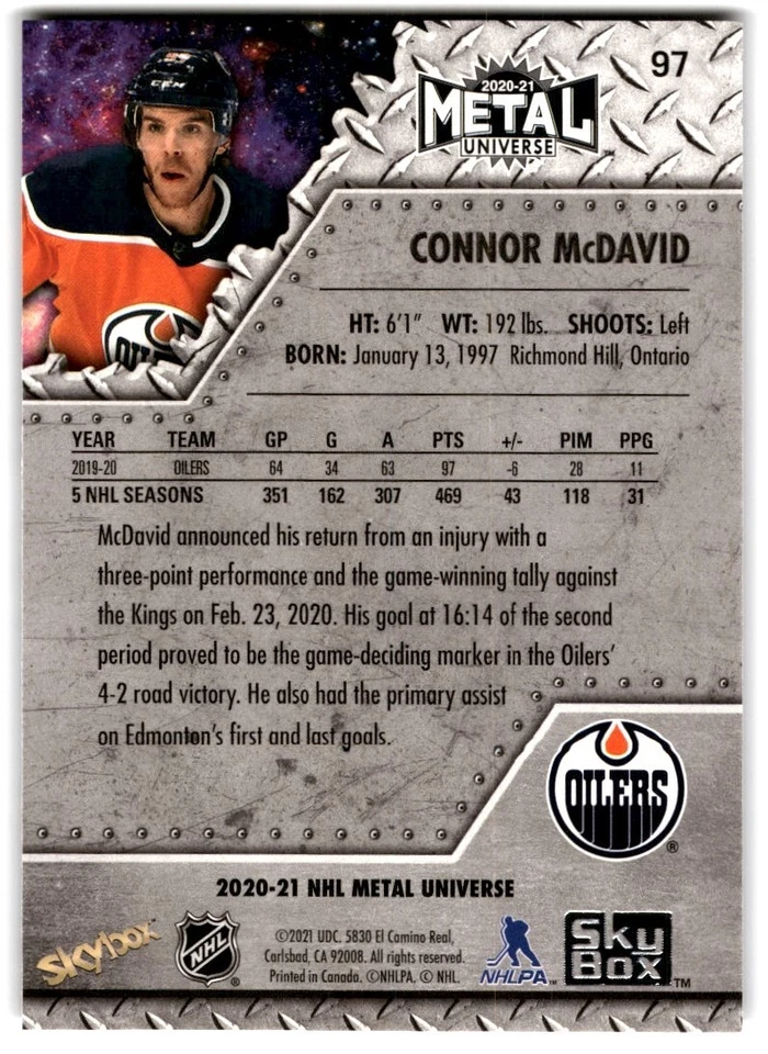 2020-21 Skybox Metal Universe Connor McDavid #97 Edmonton Oilers - Image 2 of 2