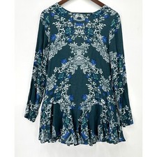 Free People Mini Dress Womens Long Sleeve Floral Bohemian Green White  XS