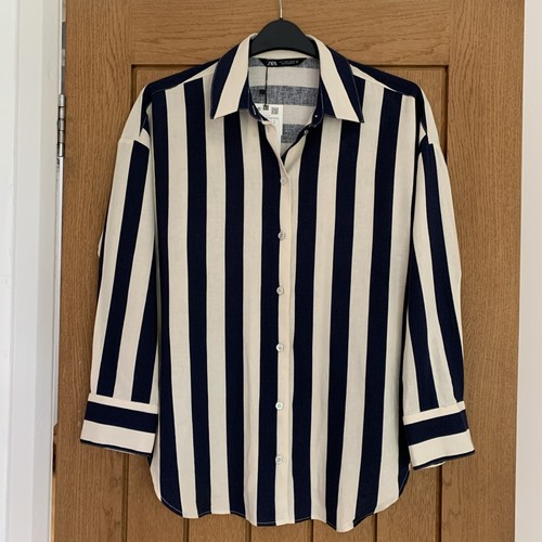 Zara Navy/ivory Striped Linen Blend Top Size S NEW - Picture 2 of 7