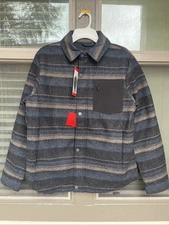 NEW Men's Wool Shirt Jac MEDIUM Black Blue Black Stripe Quilt Lined Zip Snap