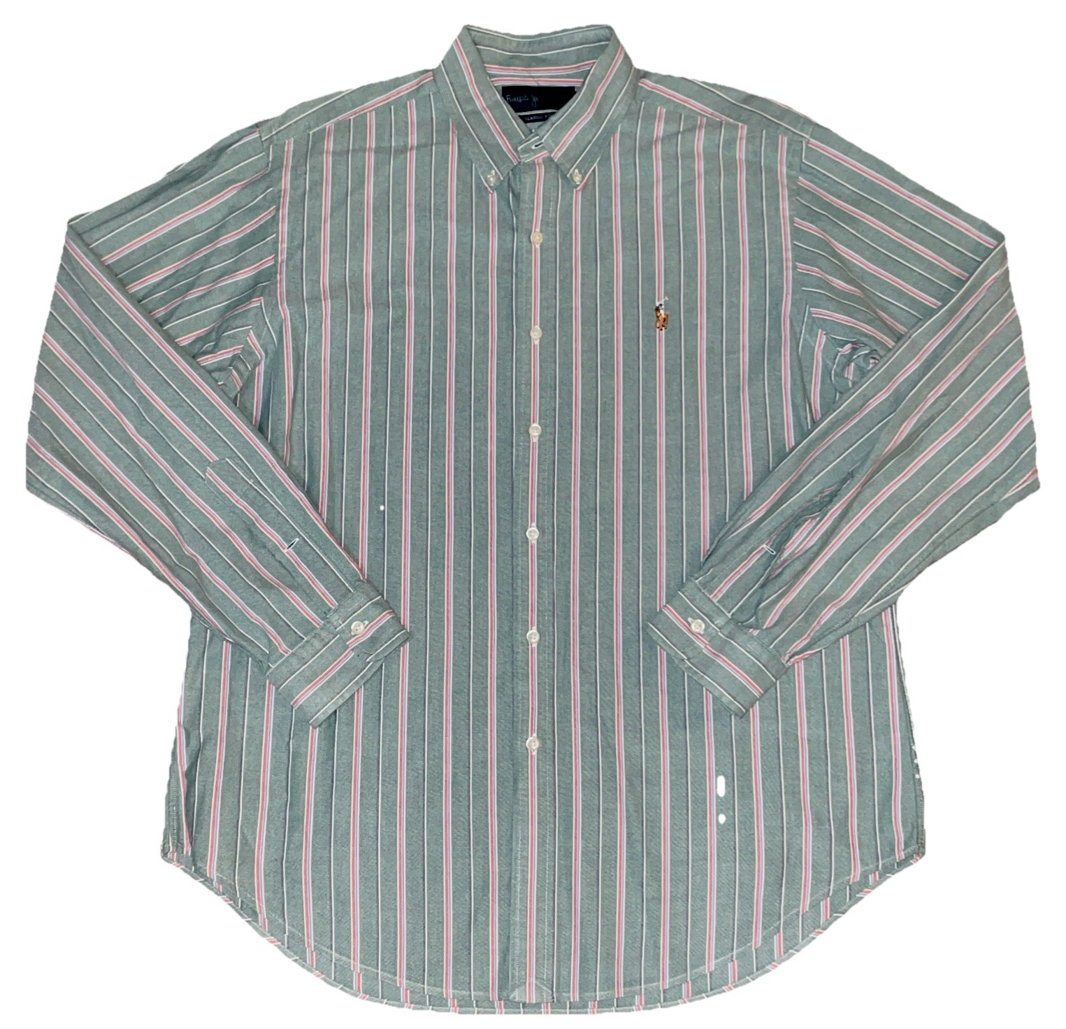 VTG Polo Ralph Lauren Classic Fit Mens Buttonup Shirt Green/Pink Stripe Size L