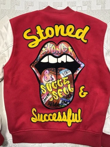 Roku Studio Stoned And Successful Varsity Jacket Red White Mouth Tongue Men’s S image 18