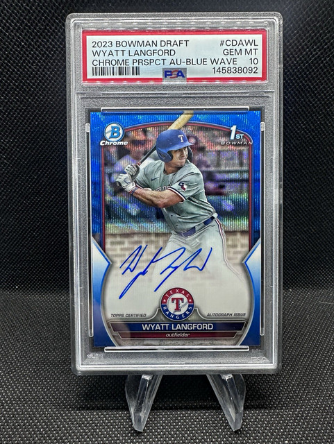 Wyatt Langford 2023 Bowman Bowman Chrome Draft Chrome Prospect Autographs Blue