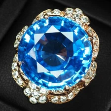 Swiss Blue Topaz Round 20.20Ct 925 Sterling Silver Rose Gold Rings Size 6.25