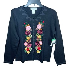 Susan Bristol Cardigan Women's Black Wool Sweater Flowers Embroidered 3D Large
