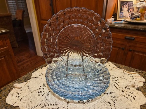 Anchor Hocking Blue Bubble Depression Glass 9.5" Dinner Plates, set of 4    (a)