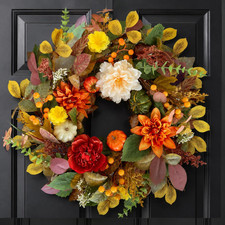 24 Inch Fall Wreath for Front Door,Floral Harvest Wreath with Pumpkin  Handmade