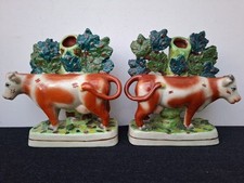 Pair Antique Vintage Victorian Staffordshire Pottery Cow Spill Vase Vases VGC