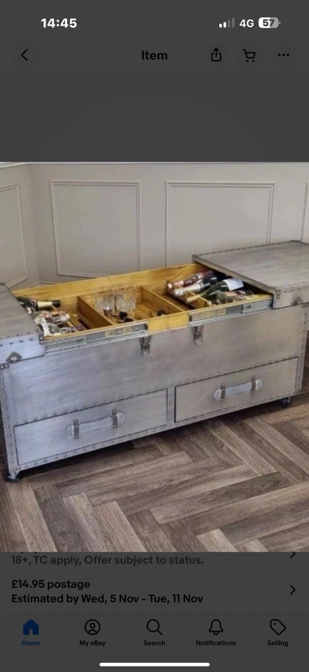 Silver Wooden Wine Cabinet & Coffee Table | Living Room Tables trunk style bar  - Image 3 of 4