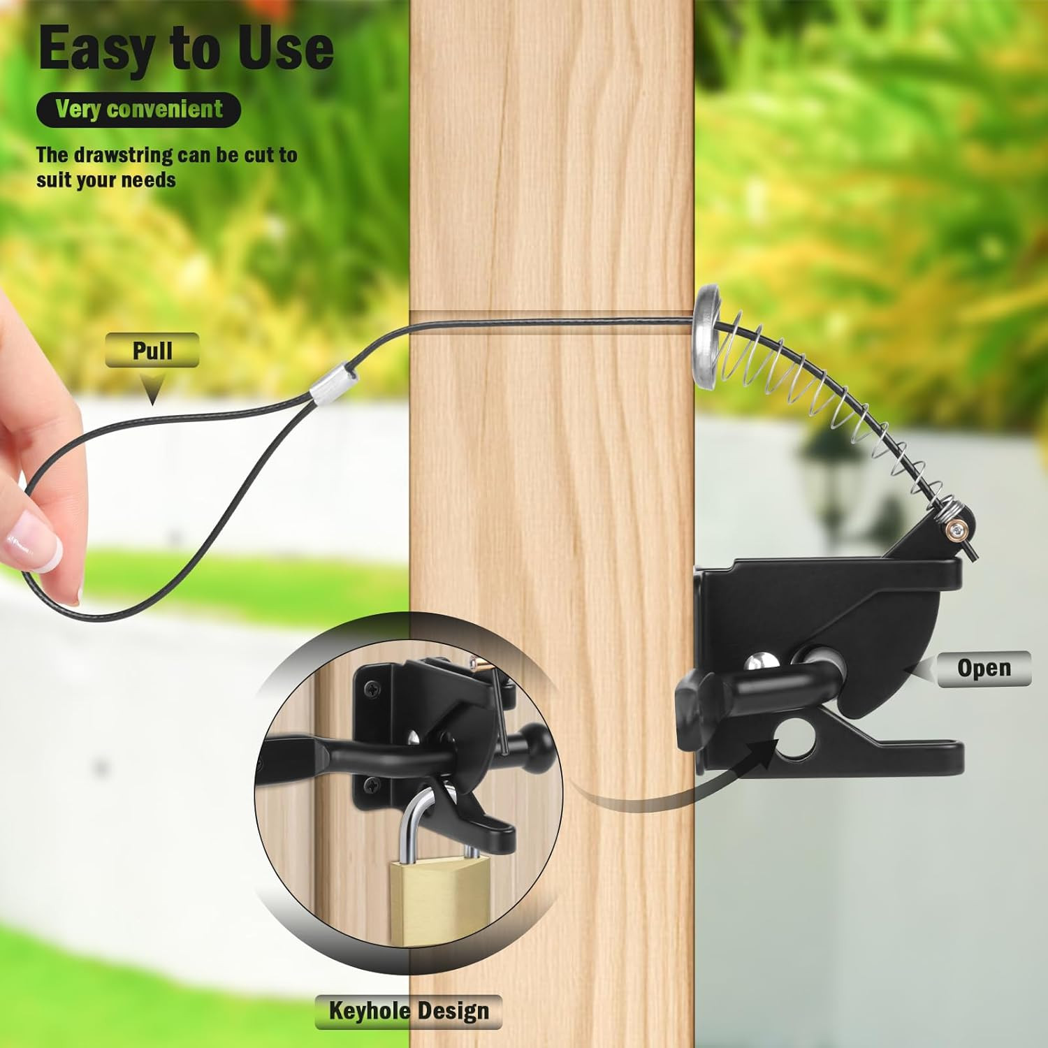 Gate Latch, Self Locking Door Latche with Stainless Steel Spring Cable Pull, Hea