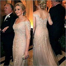 Plus Size Mother Of The Bride Dress V Neck Long Sleeves Lace Beaded Evening Gown