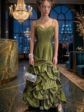 Y2K Olive Green Ball Gown Silver Gem Formal Dress Maggie Sottero