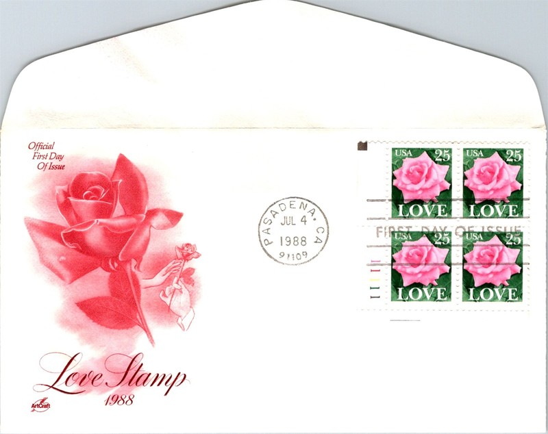 S09-6253, LOVE STAMP 1988, PINK ROSE, PLATE NUMBER BLOCK, ARTCRAFT FDC