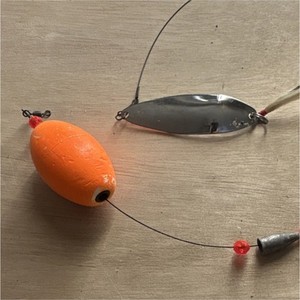 Fishing Rig with Orange Float, Metal Spinner, Hook, Leader - Orange Silver