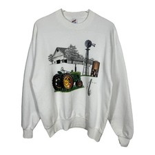 Vintage Farm Green Tractor Crewneck Sweatshirt Large White Jerzees USA Made