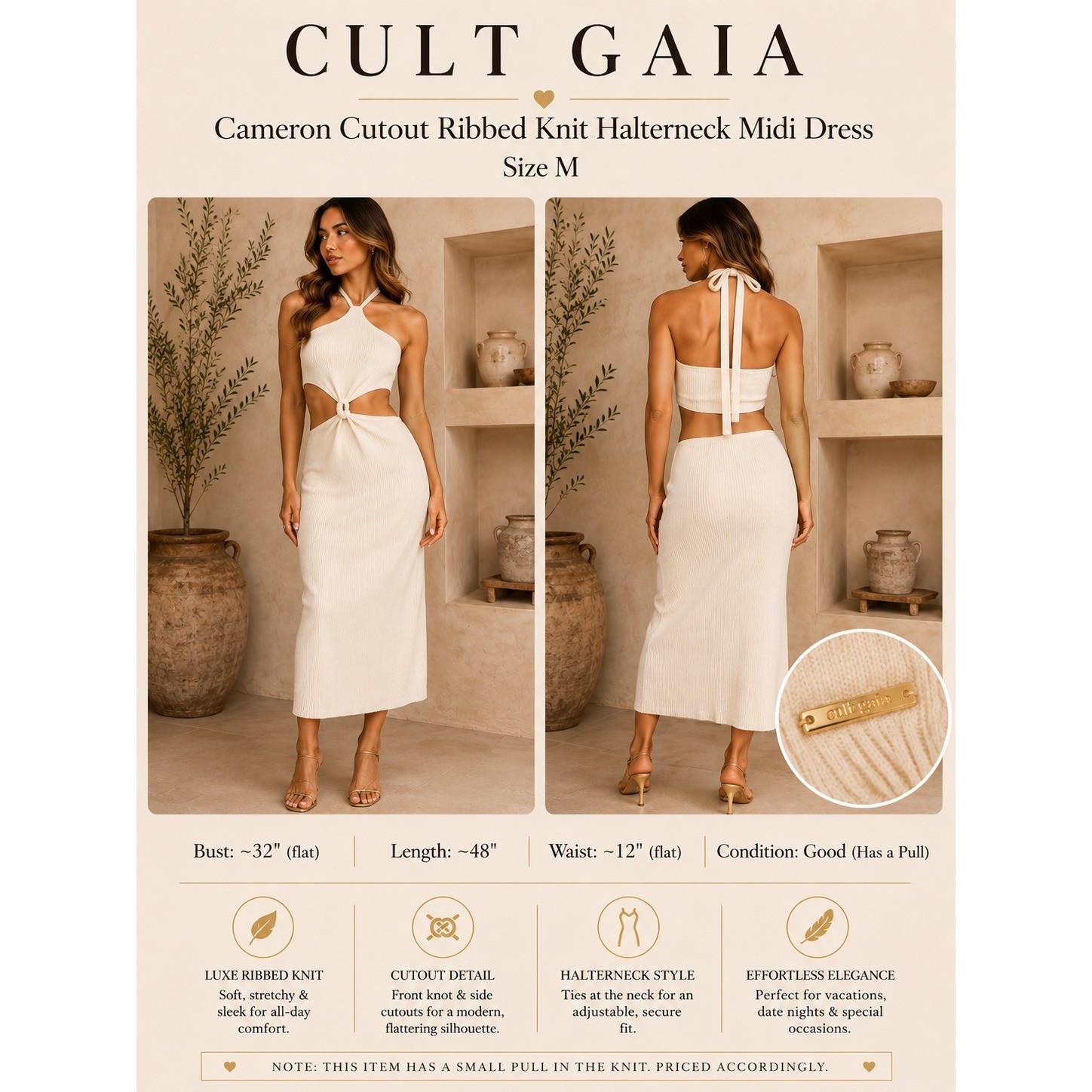 Cult Gaia Cameron Cutout Ribbed Knit Halterneck Midi Dress Off-White Size M