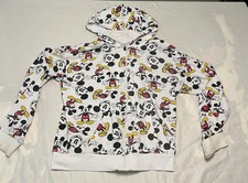 Disney Kids Mickey Mouse White Full Zip Hoodie All-Over Print Pockets M 7-9