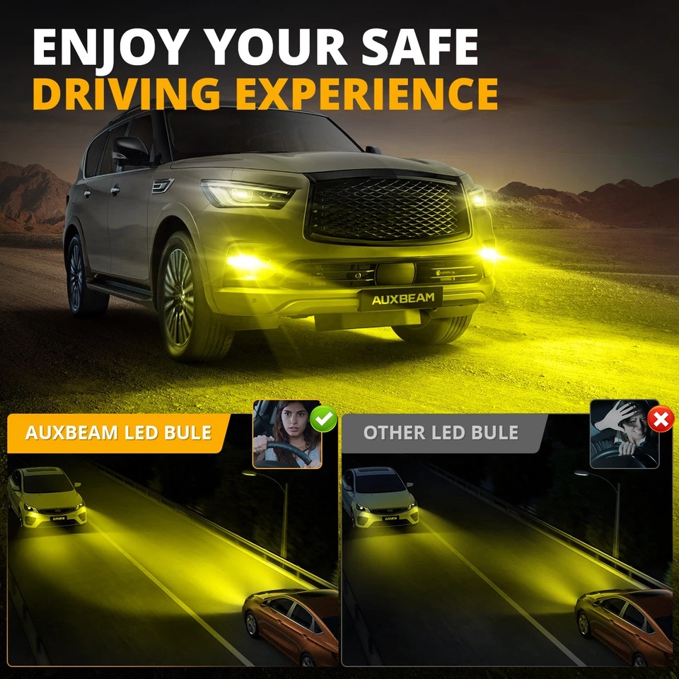 AUXBEAM Fanless 9005 HB3 LED Headlight Bulbs Yellow 3000K High/Low Beam 20000LM - Image 3 of 4