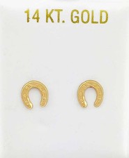 HORSE SHOE STUD EARRINGS SOLID 14K YELLOW GOLD - Brand New With Tag