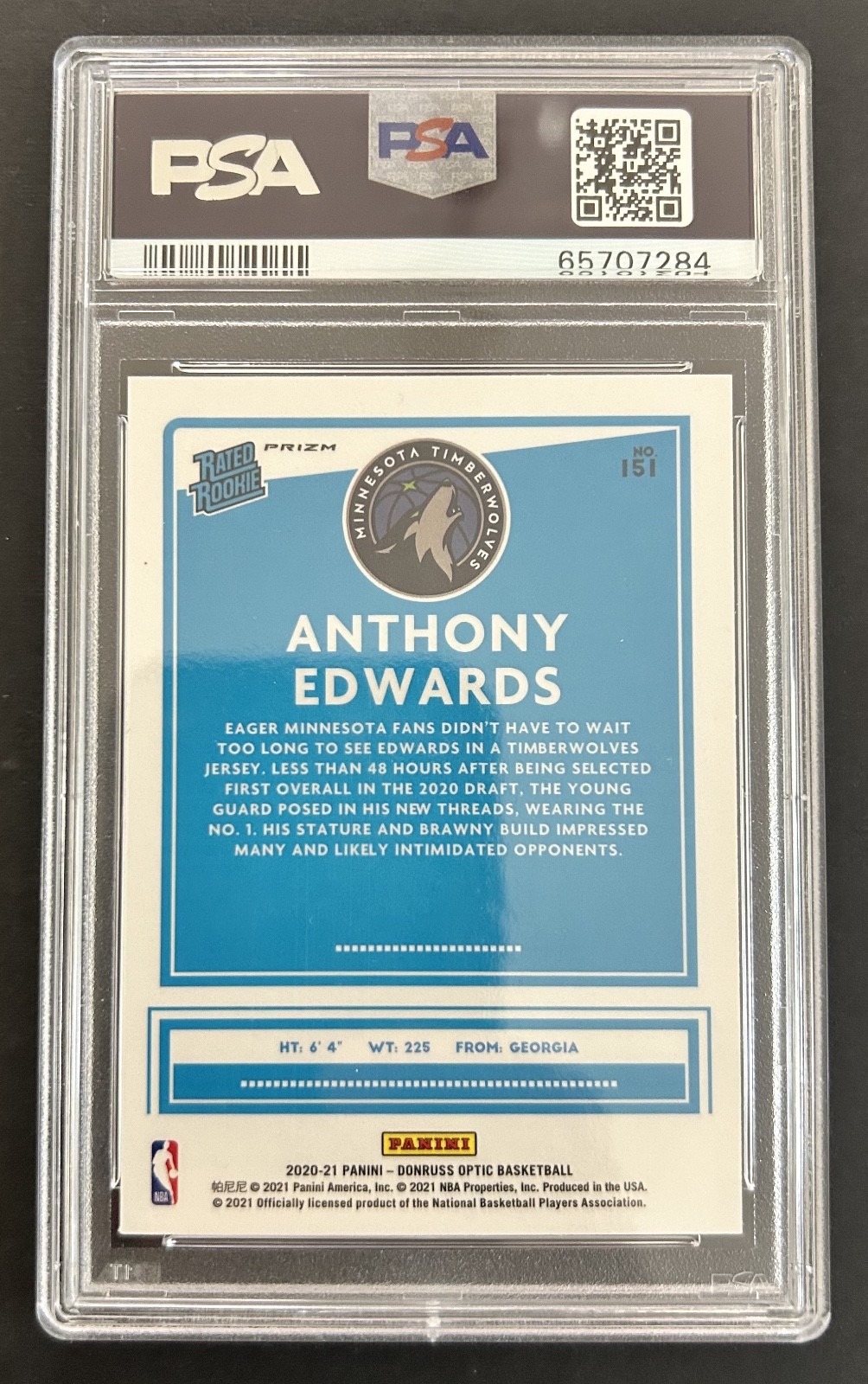 2020-21 Panini Optic - Rated Rookie Anthony Edwards #151 Holo Prizm (RC) PSA 9 view 2