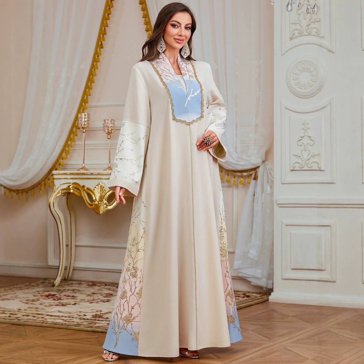 muslim party dresses with long drape sleeves covered Loriya 2026 Round Neck Long Sleeve Waisted Corset Dress Ramadan Abaya Women Muslim Dress Abaya Eid Evening Modest Wedding Dress #abaya #Ramadan #muslimclothing #partydress