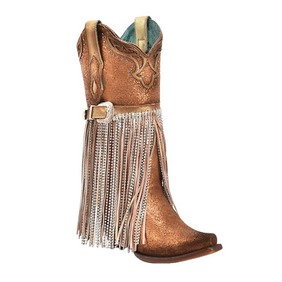 Corral Ladies Overlay Bronze Metallic Harness Fringe Leather Boots A4537