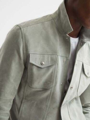 Mens Gray Leather Trucker Jacket Pure Suede - Picture 2 of 8