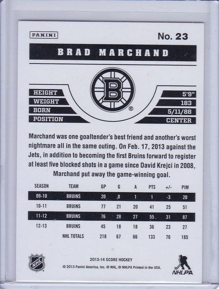 Brad Marchand 2013 Score Card 23 Grade MT - Image 2 of 2