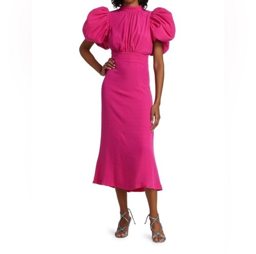 ROTATE BIRGER CHRISTENSEN Dawn Midi Dress in Fuchsia Sz 6 Puff Sleeve Open Back