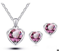 LOVE HEART Silver Gold Plated Crystal Necklace Earring Set Fashion Jewelry Charm