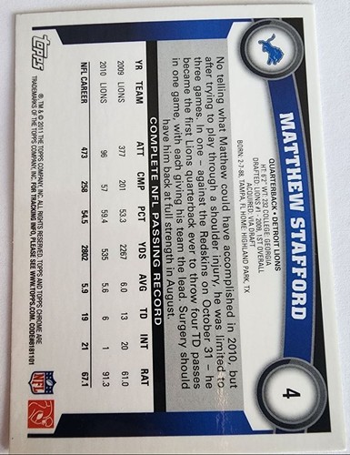 2011 Topps Chrome Refractors Matthew Stafford Detroit Lions #4 - Picture 2 of 2