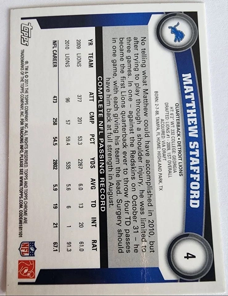 2011 Topps Chrome Refractors Matthew Stafford Detroit Lions #4 - Image 2 of 2