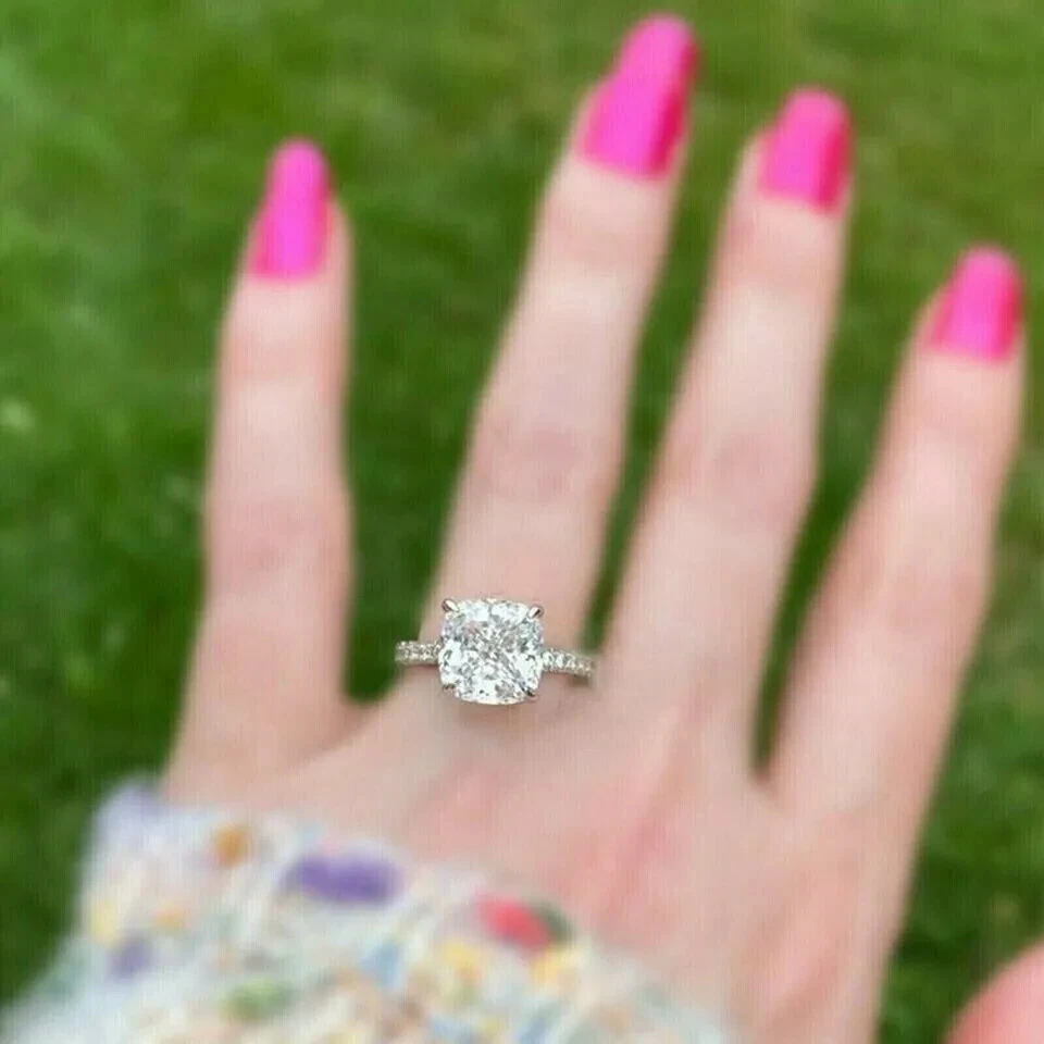 4 Carat Cushion Cut Lab-Created Diamond Engagement Ring 14K White Gold Plated - Image 3 of 4