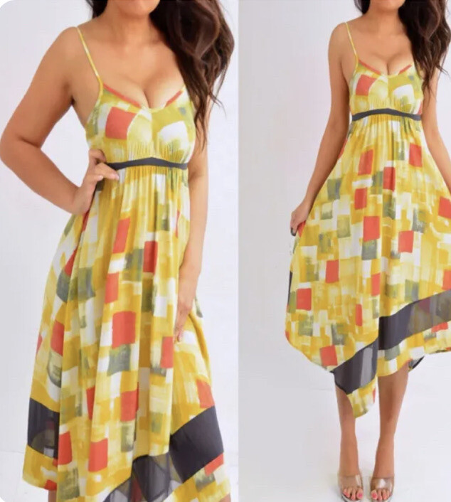 【Simply Vera VERAWANG】装飾付きワンピース M（中古） Simply Vera Wang Mustard Yellow Orange Gray Empire Dress