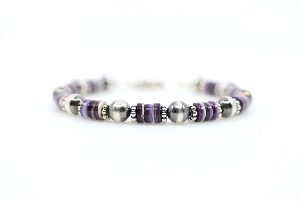 Purple Wampum Quahog Shell Bracelet, Native American-Inspired Jewelry, Sterling - Изображение 2 из 4