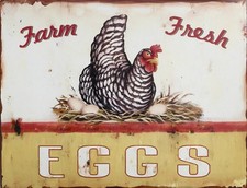 TIN SIGN "Farm Fresh Eggs  Rooster Hen Farm Dairy Vintage Chickens Rooster