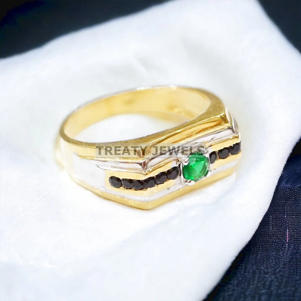 Esmeralda corte redondo con anillo enchapado en oro de plata de ley 925 para hombre #633 Foto 3 de 4