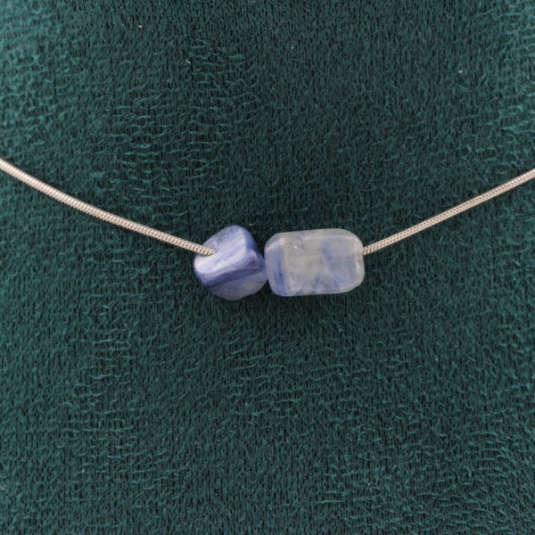 Collier 2 Perlen Cyanit Blau Aus Brasilien Edelstahlkette Damen Collier-image